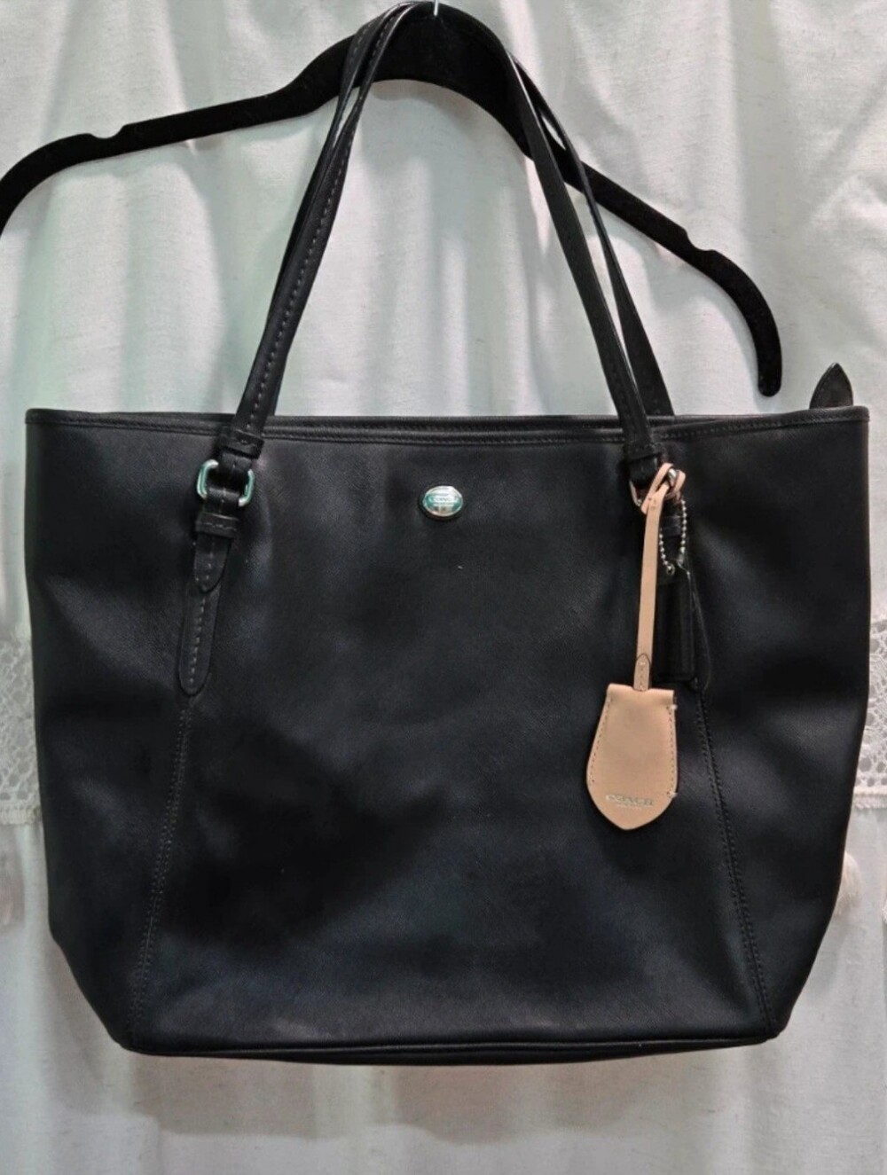 Coach Black Leather Tote Bag with Beige Tag